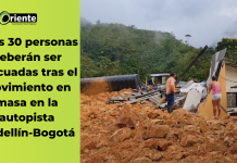 Unas 30 personas deberán ser evacuadas tras el movimiento en masa en la autopista Medellín-Bogotá