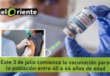 Este 3 de julio comienza la vacunación para la población entre 40 a 44 años de edad.