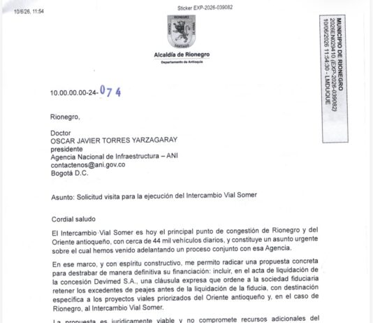 Alcalde de Rionegro propone mecanismo para garantizar recursos del Intercambio Vial Somer